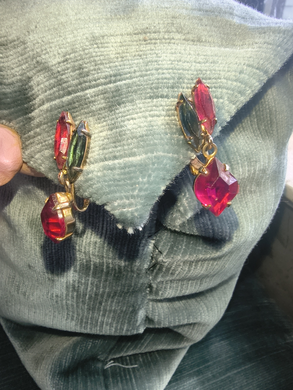 Vintage Rhinestone Clip On Earring Ruby Fuchsia Gray Dangle Earrings Mid Century